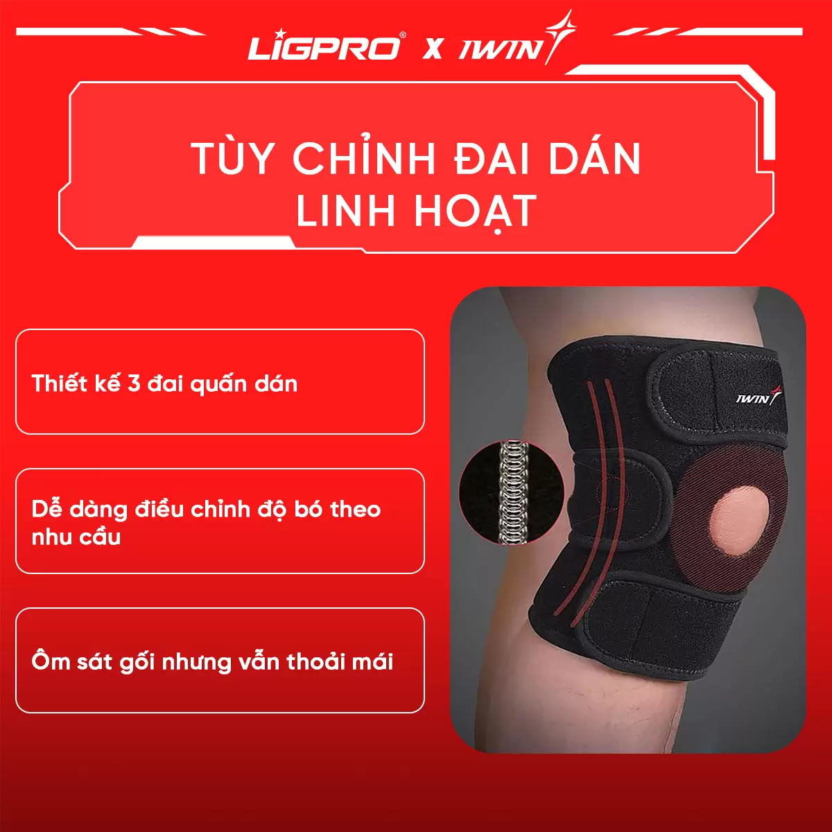 Bó Gối Thể Thao iWin Keepa IKN201: Thiết Kế 3 Đai Quấn Dán Linh Hoạt, Đệm Silicon Bảo Vệ Đầu Gối