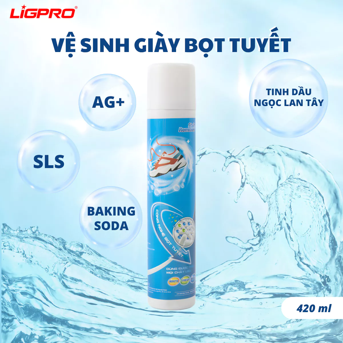 Chai Xịt Vệ Sinh Giày Bọt Tuyết (Shoe Clean) Ligpro 420ml