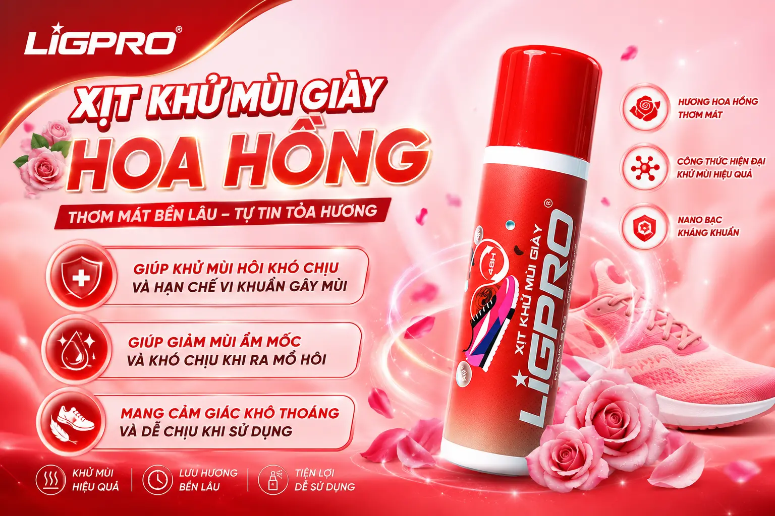 Xịt Khử Mùi Giày Hương Hoa Hồng Ligpro – Giải Pháp Khô Thoáng Tức Thời Và Tự Tin Mọi Lúc Mọi Nơi