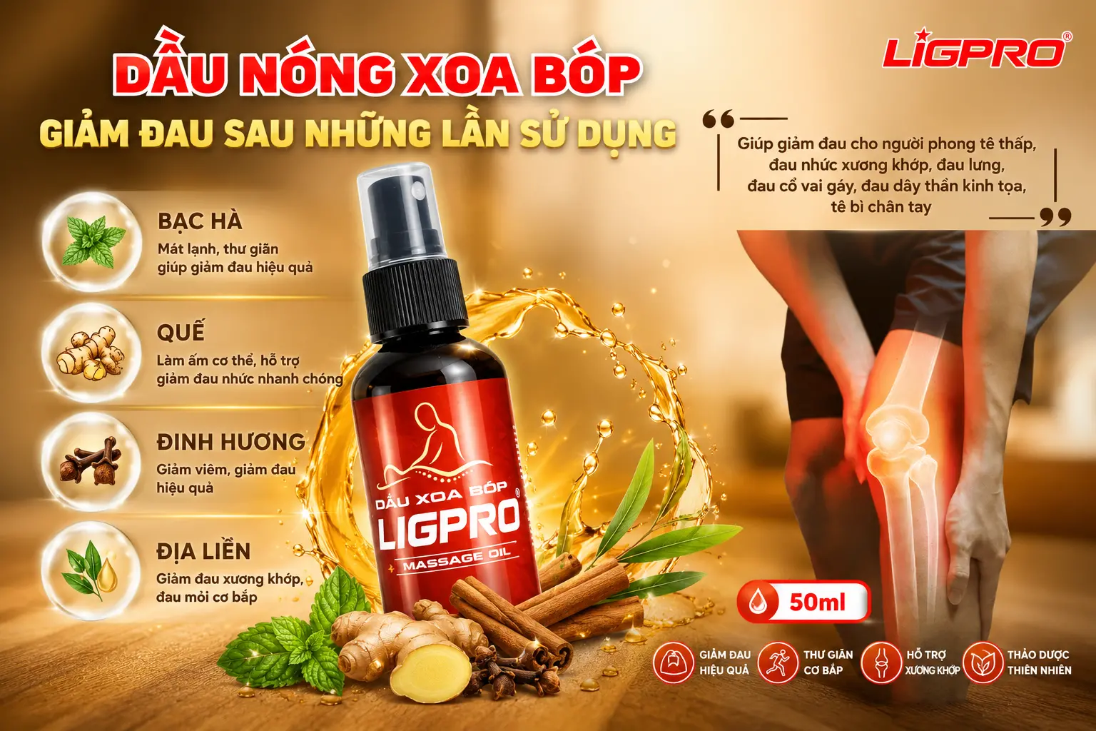 Dầu Xoa Bóp Thảo Dược Ligpro 50ml: Giải Pháp Giảm Đau Nhức Xương Khớp & Thần Kinh Tọa Hiệu Quả